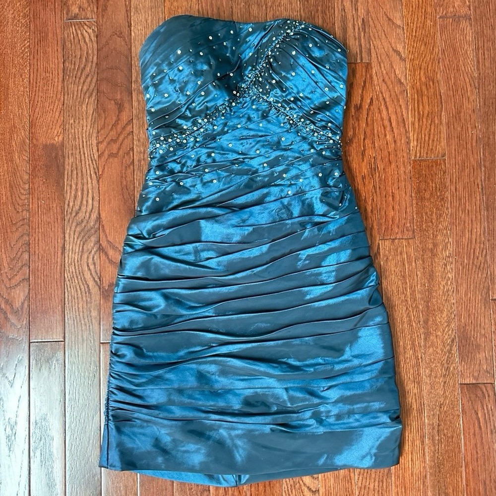 2000s Jump Apparel Strapless Beaded Sequin Gown Corset Blue Mini Cocktail‎ Dress